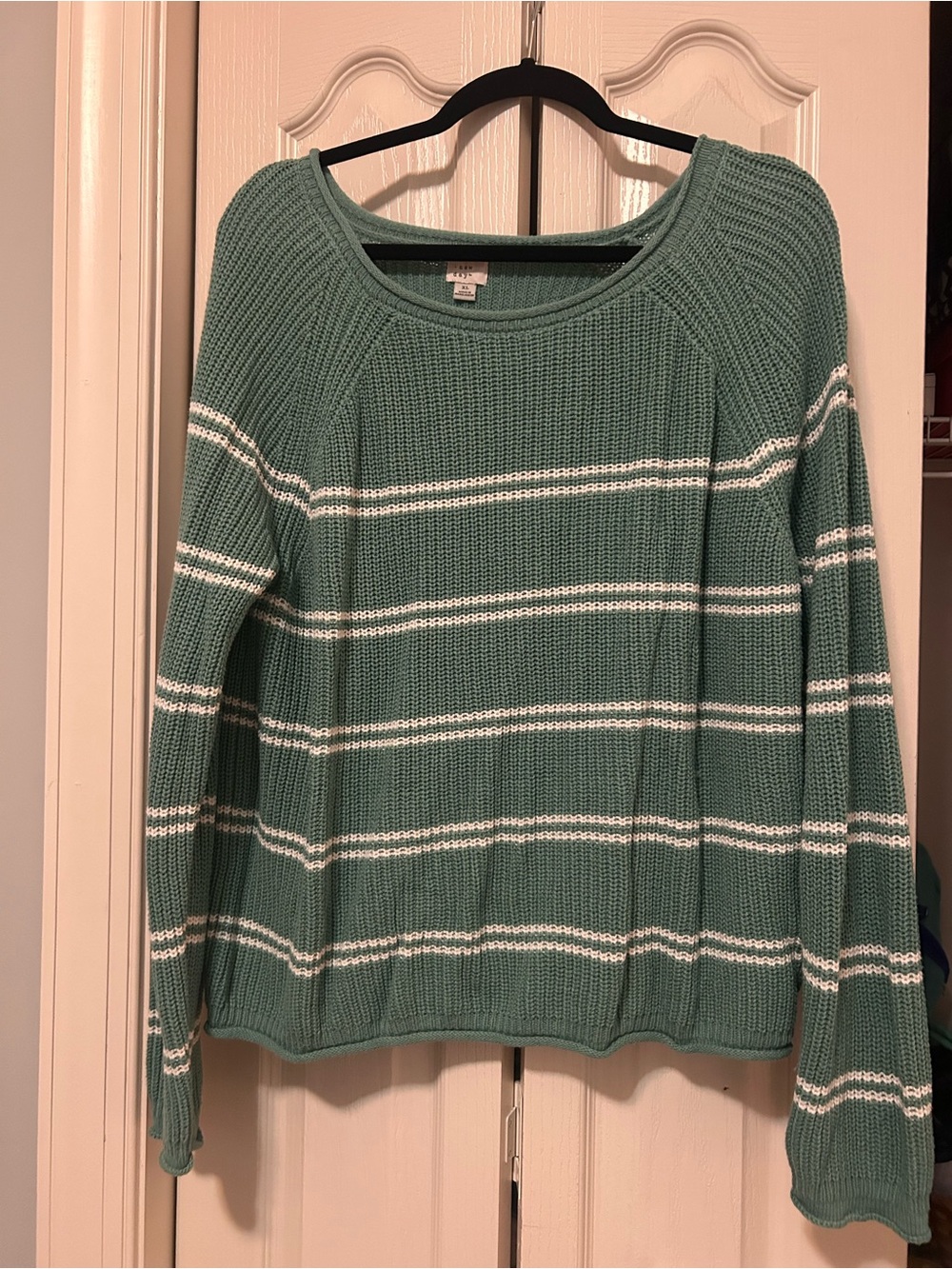 a new day Teal Green Waffle Knit Scoop Neck Sweater with White Stripes